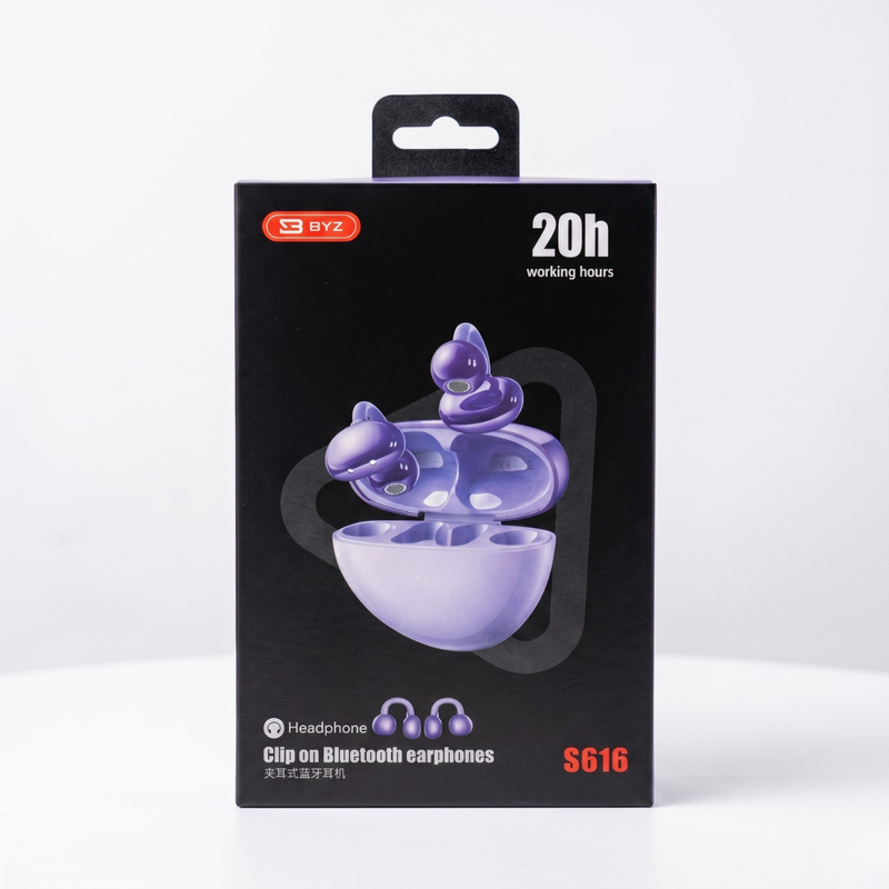 Clip-On Bluetooth Earphones – Open Ear Wireless Earbuds with Charging Case (Purple)
