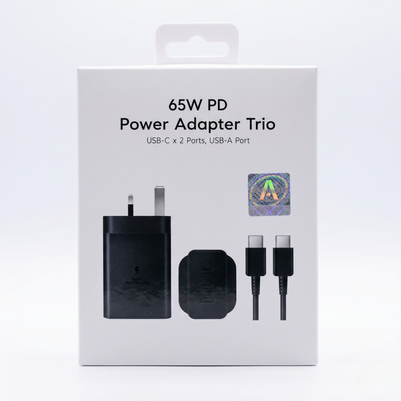 65W Triple Port Fast Charging Wall Adapter – 2 USB-C + 1 USB-A UK Plug