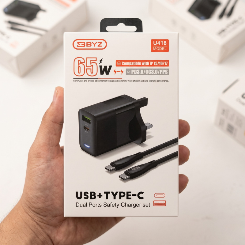 65W Fast Charging USB + Type-C Dual Port Travel Charger with Cable