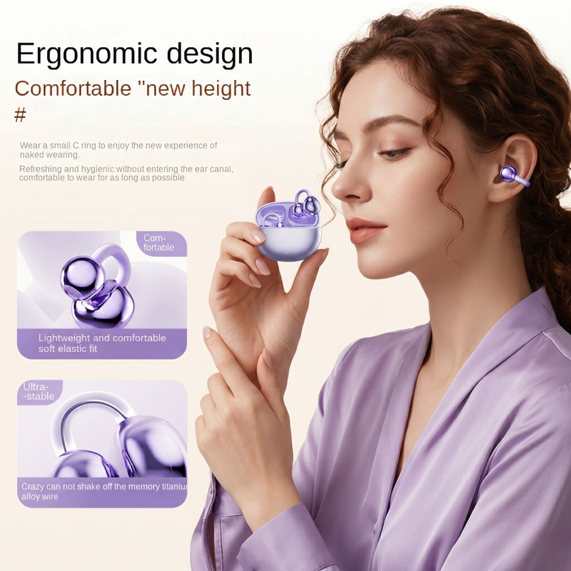 Clip-On Bluetooth Earphones – Open Ear Wireless Earbuds with Charging Case (Purple)