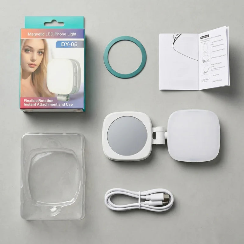 DY-06 Magnetic LED Phone Light with Makeup Mirror — 3-Color Selfie Fill Light