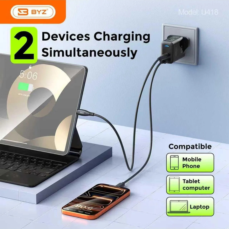 65W Fast Charging USB + Type-C Dual Port Travel Charger with Cable