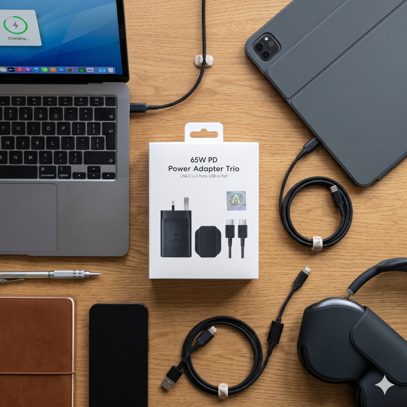 65W Triple Port Fast Charging Wall Adapter – 2 USB-C + 1 USB-A UK Plug