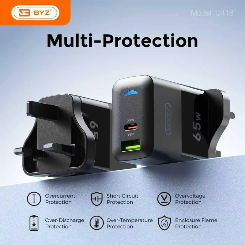 65W Fast Charging USB + Type-C Dual Port Travel Charger with Cable