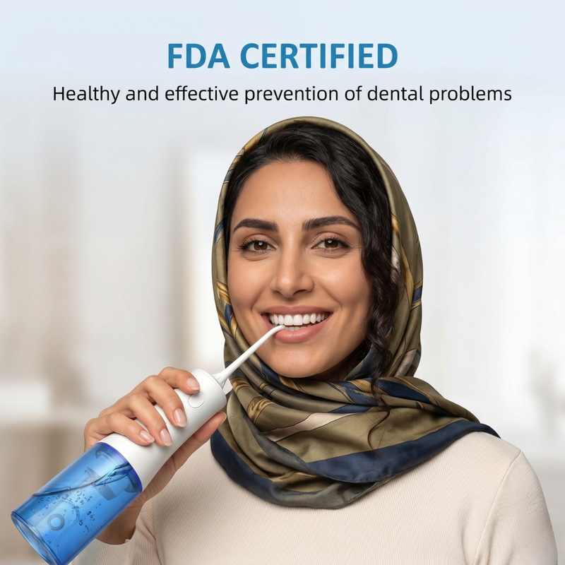 Flosmore Portable Water Flosser FL01B — Cordless Oral Irrigator, 300ml Tank, 3 Modes, 4 Replaceable Tips, IPX7 Waterproof, USB-C Rechargeable, Travel & Home Use