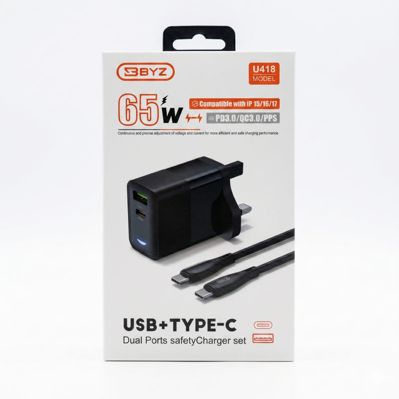 65W Fast Charging USB + Type-C Dual Port Travel Charger with Cable