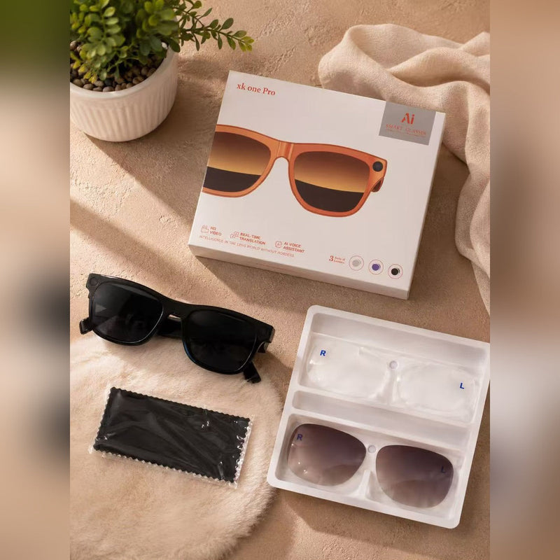 XK One Pro AI Smart Glasses — 8MP HD Camera, Real-Time Translation, Open-Ear Bluetooth Audio, 3 Sets of Lenses