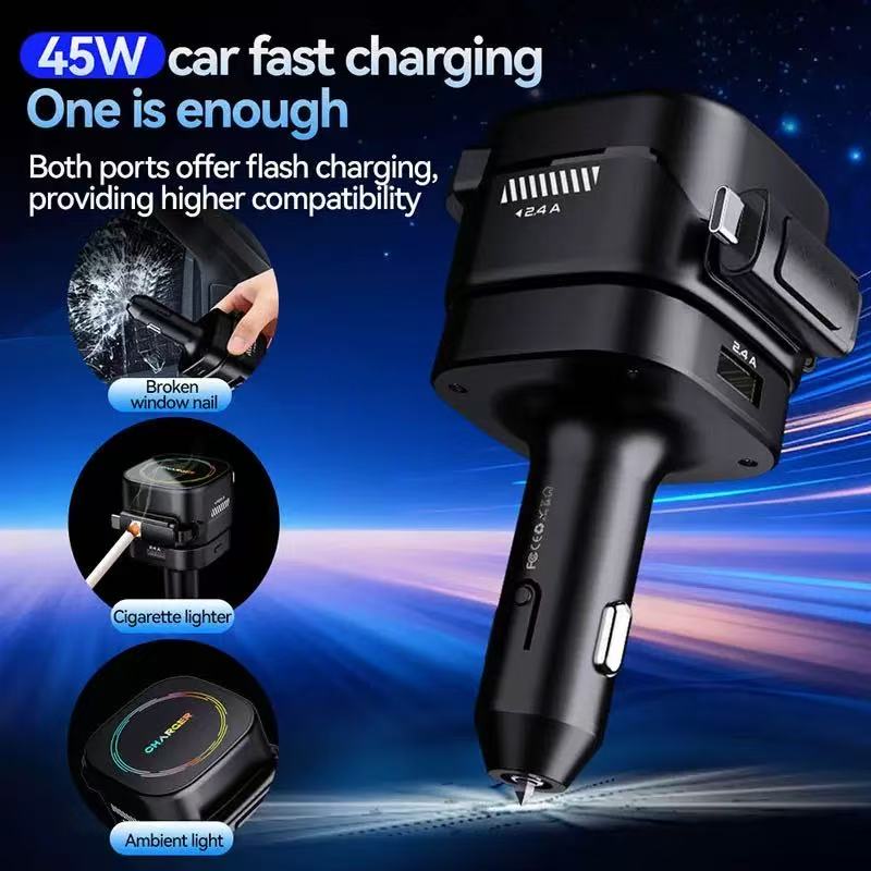 45W Retractable Car Charger – Dual USB Fast Charging Adapter with Safety Hammer & LED Ambient Light