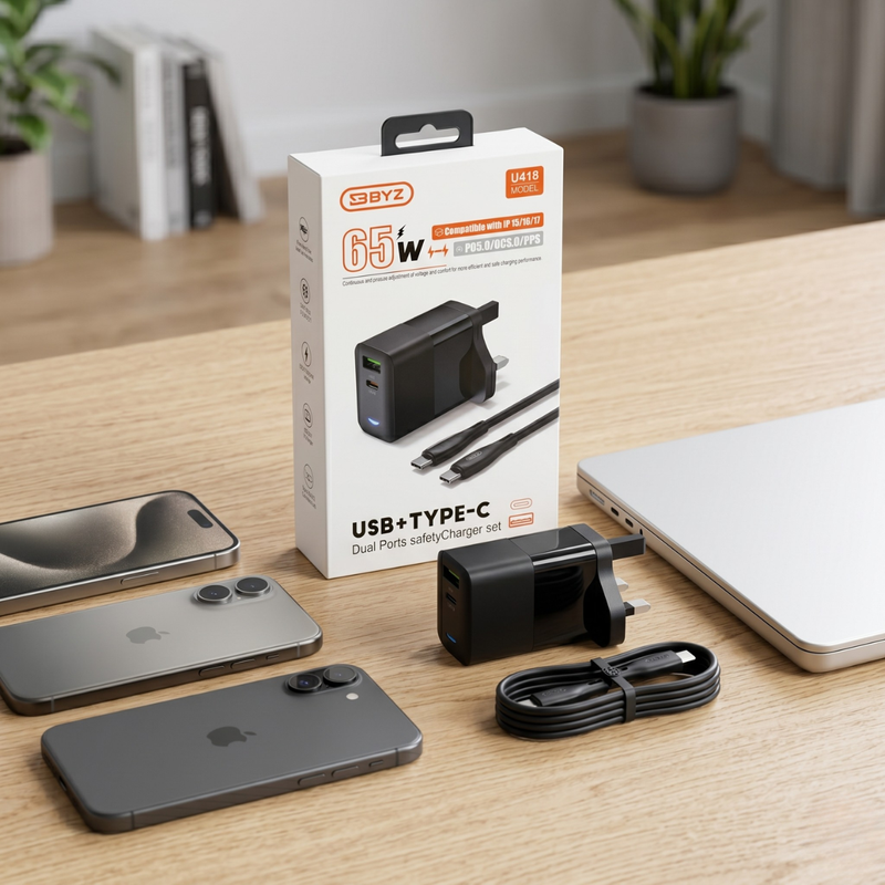 65W Fast Charging USB + Type-C Dual Port Travel Charger with Cable