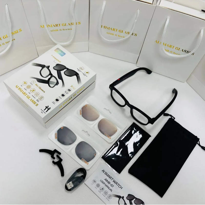 AI Smart Glasses AIMB-G1 — 8MP Camera, Bluetooth Speakers & Voice Assistant (3 Lens Sets)