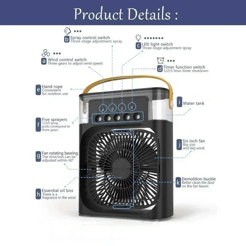 Portable Mini Air Cooler Fan – USB Powered 3-in-1 Personal AC, Humidifier & LED Night Light
