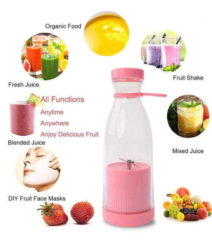 Fresh Juice Portable Blender – USB Rechargeable Personal Smoothie Blender 350ml, 4 Stainless Steel Blades