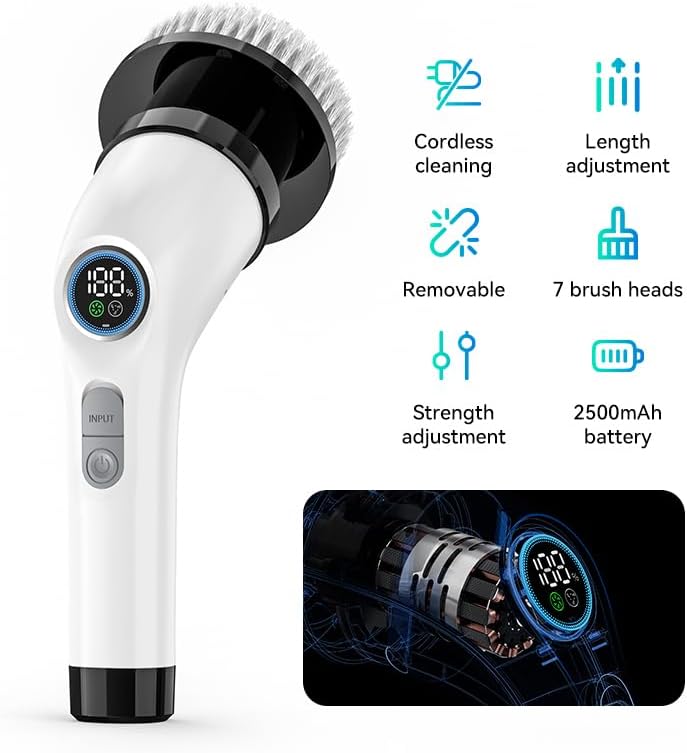 Electric Spin Scrubber with 8 Brush Heads & Extendable Handle – Cordless Rechargeable Bathroom Cleaner