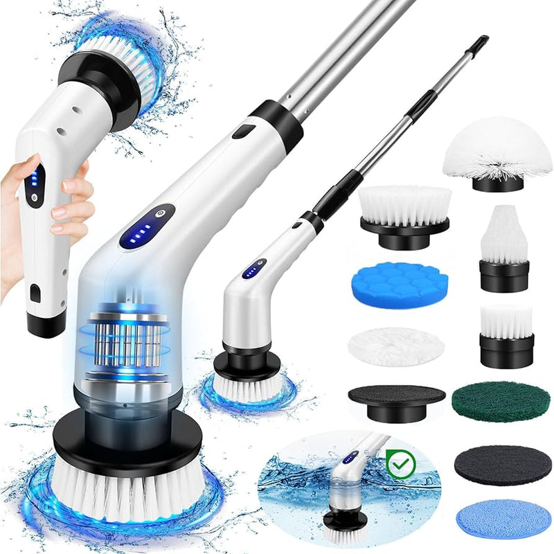 Electric Spin Scrubber with 8 Brush Heads & Extendable Handle – Cordless Rechargeable Bathroom Cleaner
