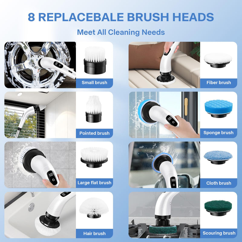 Electric Spin Scrubber with 8 Brush Heads & Extendable Handle – Cordless Rechargeable Bathroom Cleaner