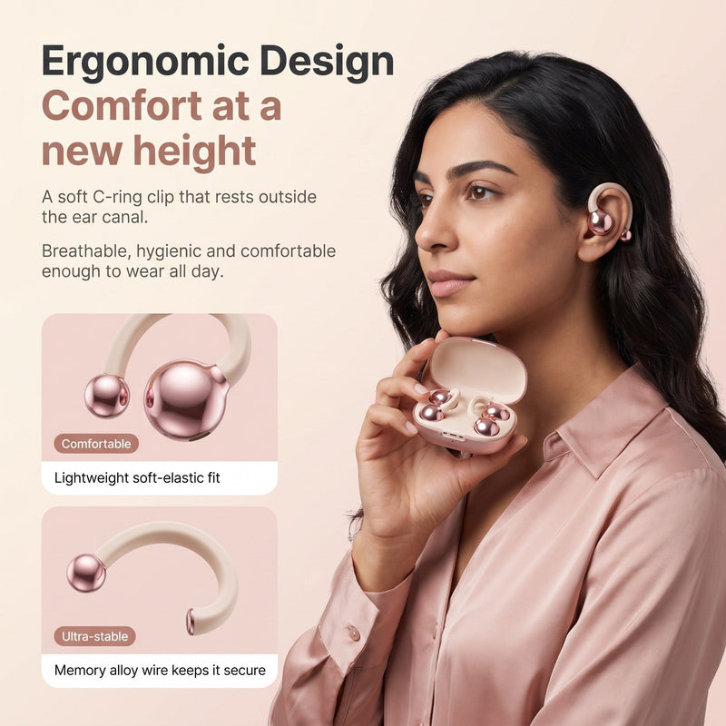 Clip-On Bluetooth Earphones – Open Ear Wireless Earbuds with Charging Case (BYZ S625, 30H)