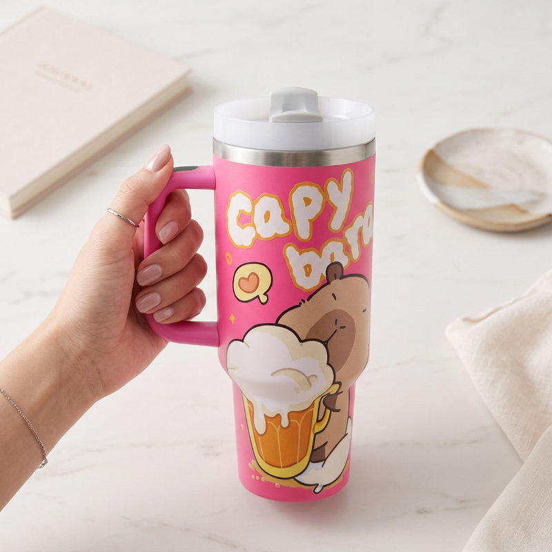 40 oz Designer Stainless Steel Double Wall Vacuum Metal Cup Travel Coffee Mug Tumbler with Handle