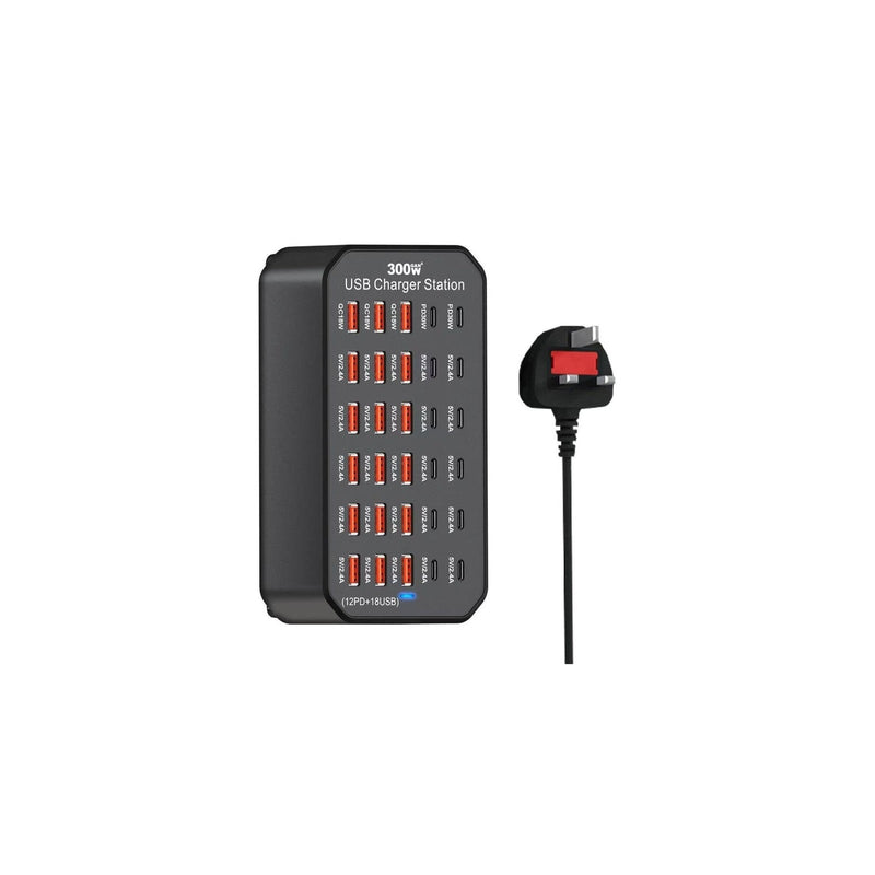 300W USB & Type-C Charging Station – 30-Port Desktop Multi-Device Charger (12 PD + 18 USB)
