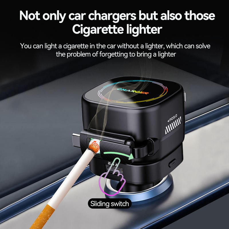 45W Retractable Car Charger – Dual USB Fast Charging Adapter with Safety Hammer & LED Ambient Light