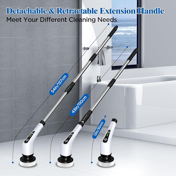 Electric Spin Scrubber with 8 Brush Heads & Extendable Handle – Cordless Rechargeable Bathroom Cleaner