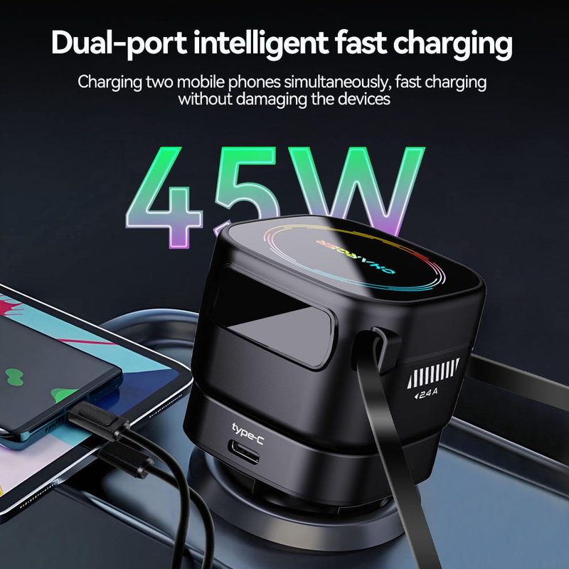 45W Retractable Car Charger – Dual USB Fast Charging Adapter with Safety Hammer & LED Ambient Light