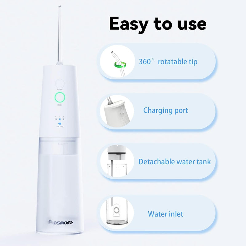 Flosmore Portable Water Flosser FL01B — Cordless Oral Irrigator, 300ml Tank, 3 Modes, 4 Replaceable Tips, IPX7 Waterproof, USB-C Rechargeable, Travel & Home Use
