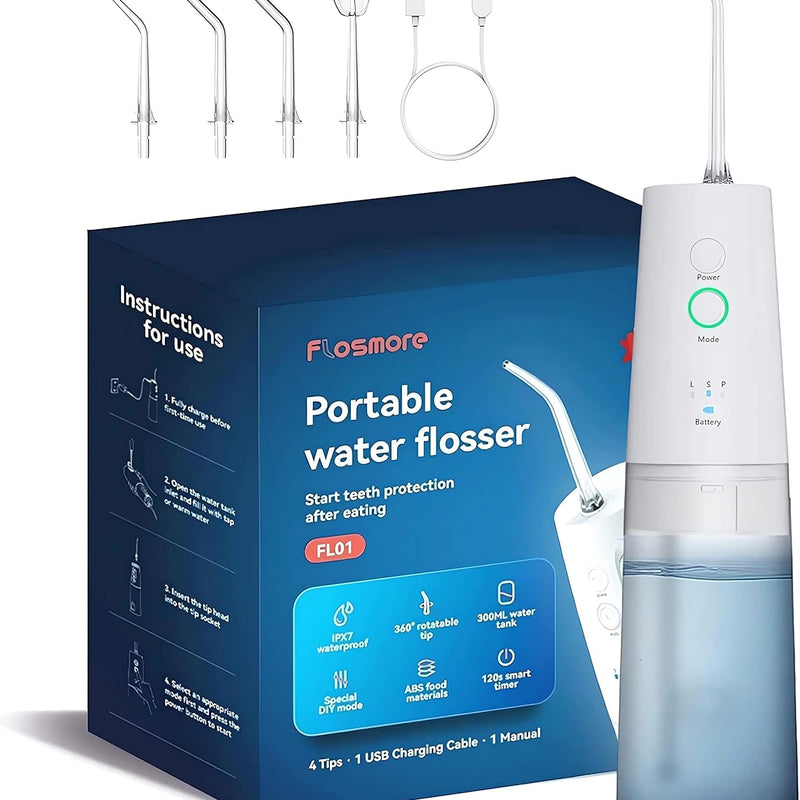 Flosmore Portable Water Flosser FL01B — Cordless Oral Irrigator, 300ml Tank, 3 Modes, 4 Replaceable Tips, IPX7 Waterproof, USB-C Rechargeable, Travel & Home Use