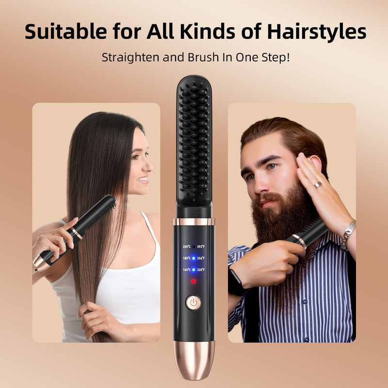 Cordless Ionic Hair Straightener Brush – Portable Ceramic Heat Comb for Smooth Hair & Beard Styling