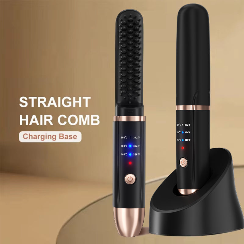 Cordless Ionic Hair Straightener Brush – Portable Ceramic Heat Comb for Smooth Hair & Beard Styling