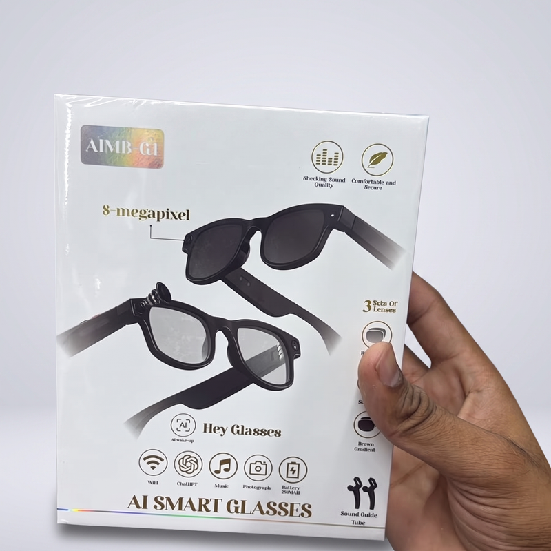 AI Smart Glasses AIMB-G1 — 8MP Camera, Bluetooth Speakers & Voice Assistant (3 Lens Sets)