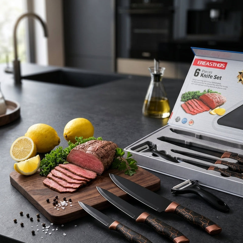 EREASTHOS 6-Piece Knife Set (Black, Marble Coated)