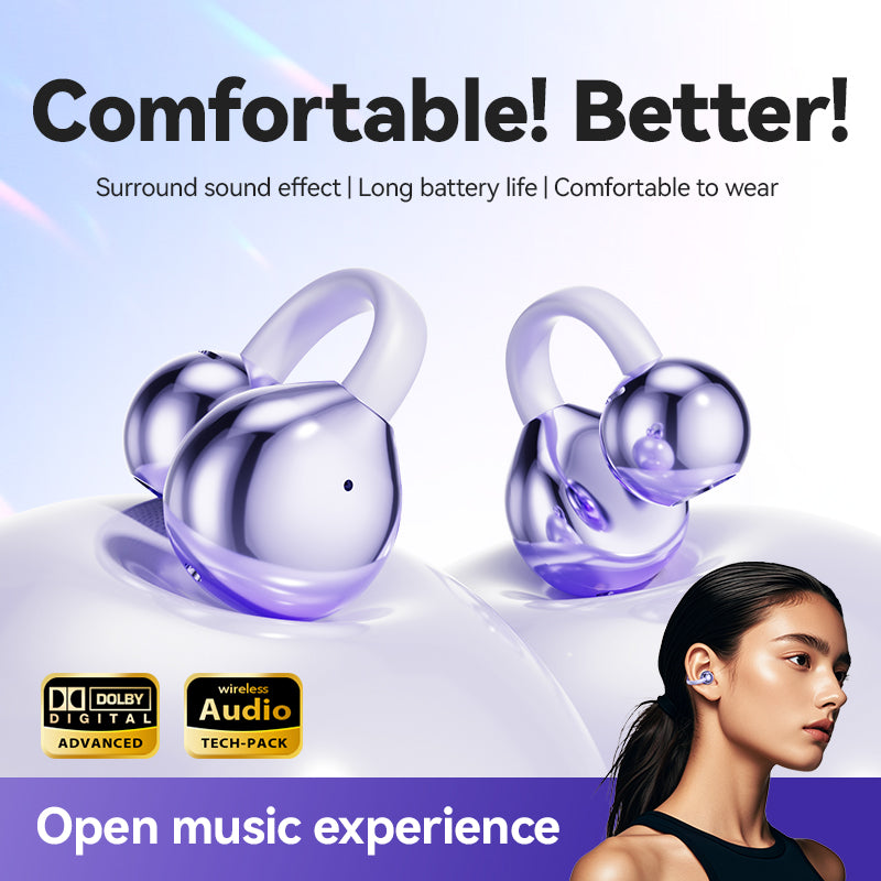 Clip-On Bluetooth Earphones – Open Ear Wireless Earbuds with Charging Case (Purple)