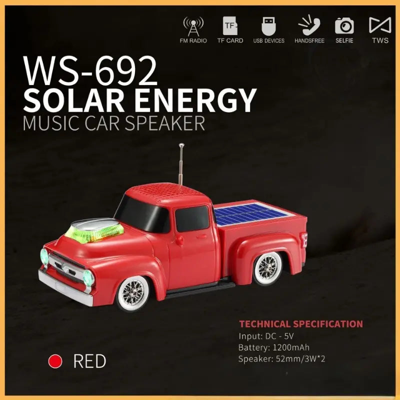 Truck Bluetooth Speaker WS-692 — Solar Charging, LED Lights, TWS, FM Radio