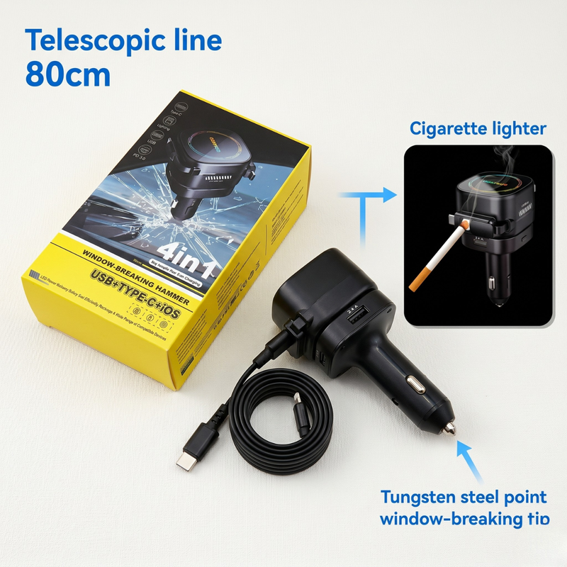 45W Retractable Car Charger – Dual USB Fast Charging Adapter with Safety Hammer & LED Ambient Light